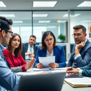 Employees discuss workplace issues in a treasury office setting.