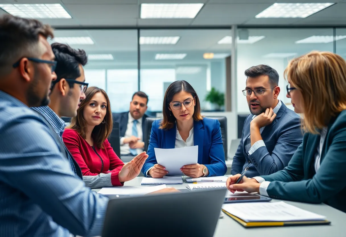 Employees discuss workplace issues in a treasury office setting.