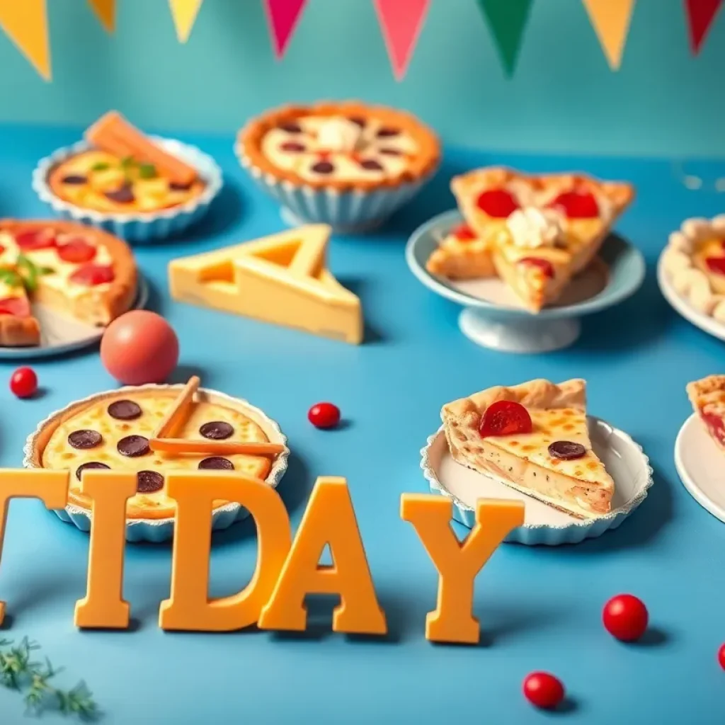 A variety of delicious pizzas and pies on display for Pi Day celebration
