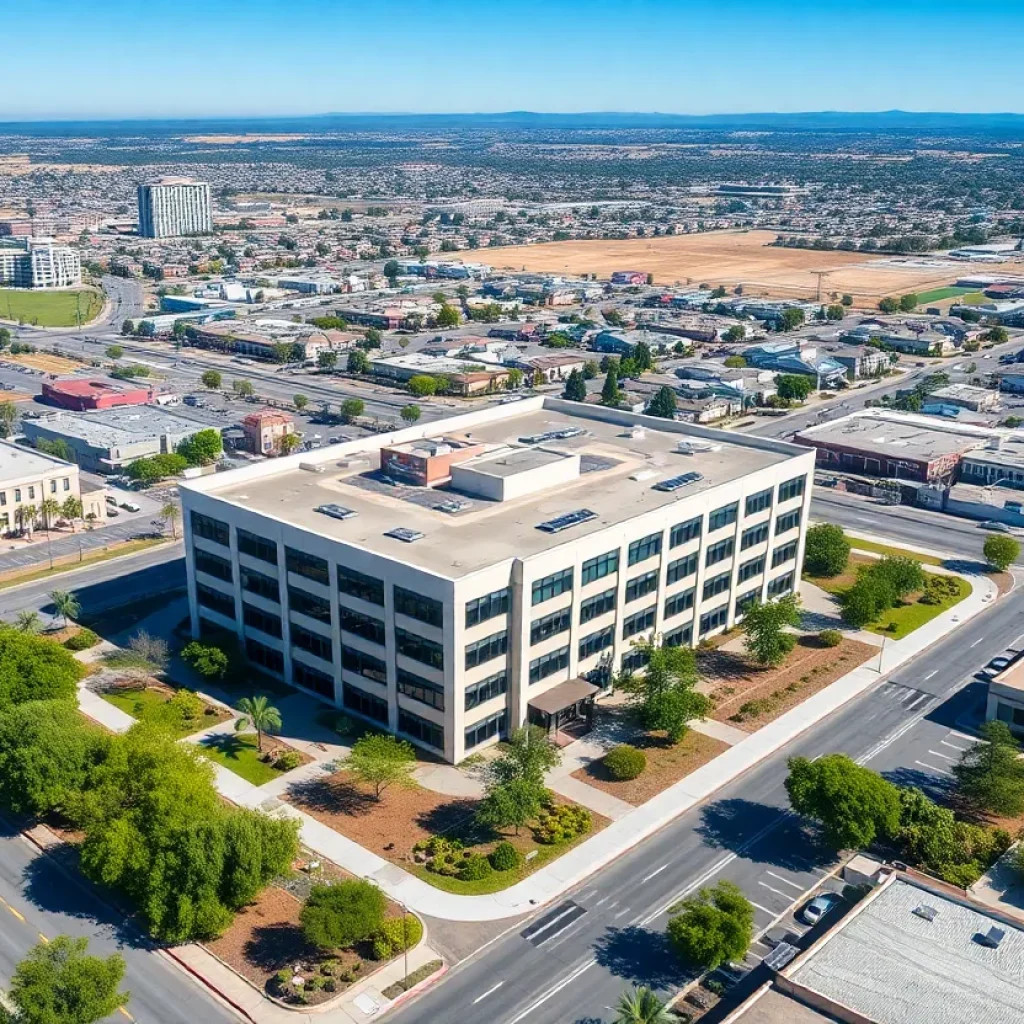 Aerial view of Plaza Pointe office building located in Laguna Hills
