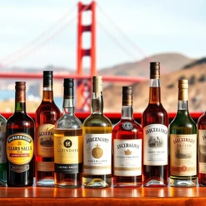 Variety of premium spirits bottles displayed on bar with California backdrop