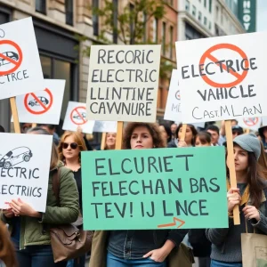Demonstrators protesting against Tesla with signs and slogans on the streets.