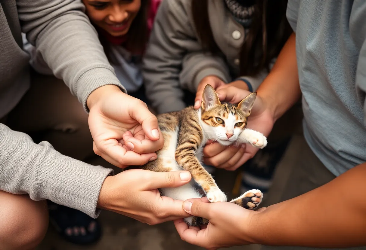 Community members rescuing an injured cat named BooBoo