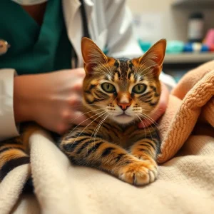 An injured cat receiving care from a veterinarian amidst soft blankets.