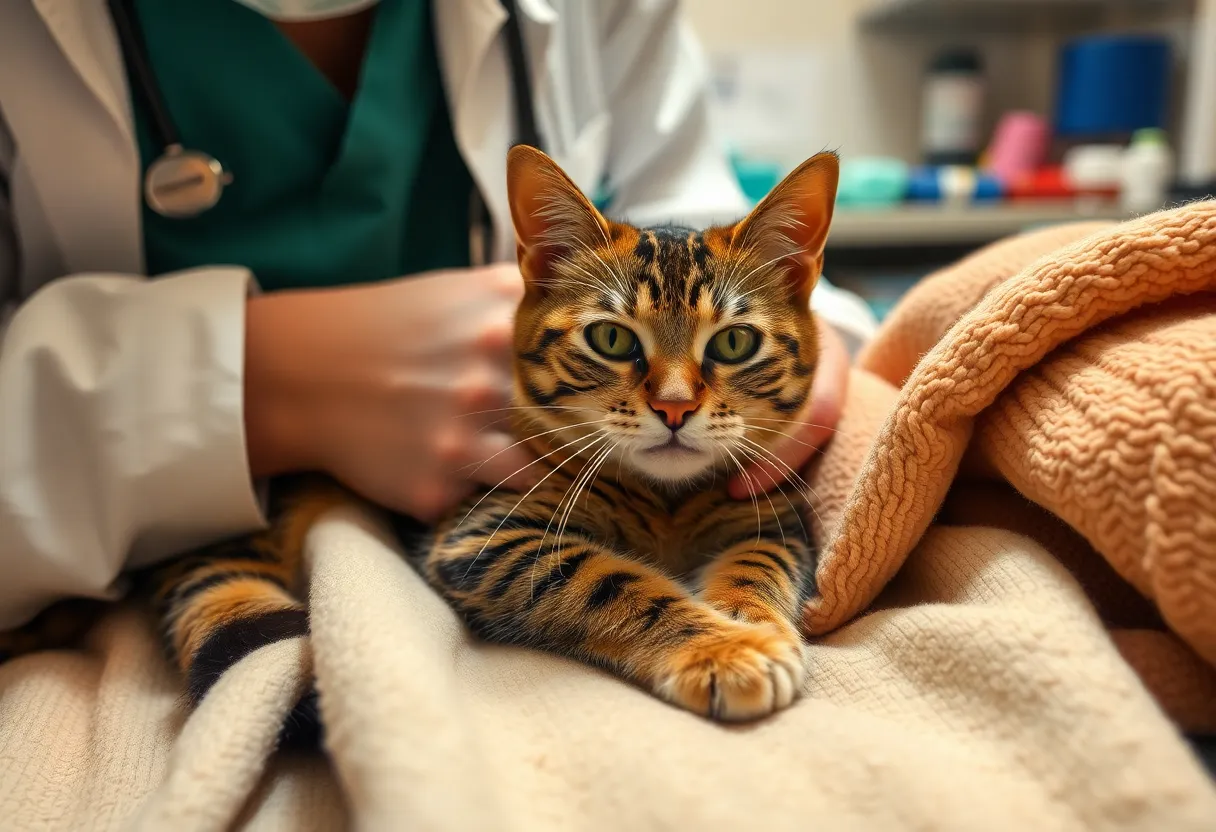 An injured cat receiving care from a veterinarian amidst soft blankets.