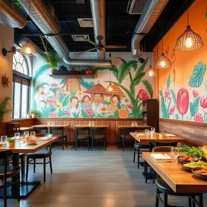 Interior of Rooster & Rice restaurant in Costa Mesa