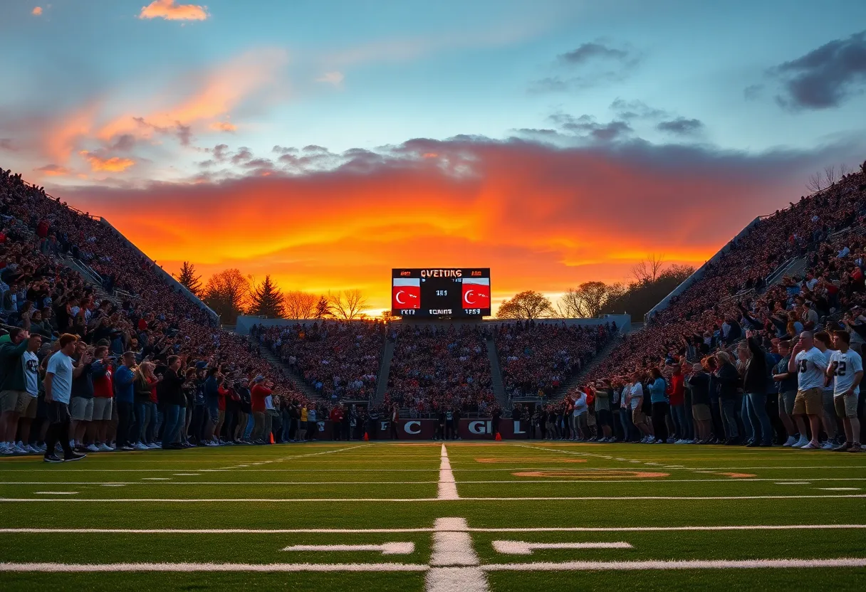 A college football field filled with enthusiastic fans during a game.