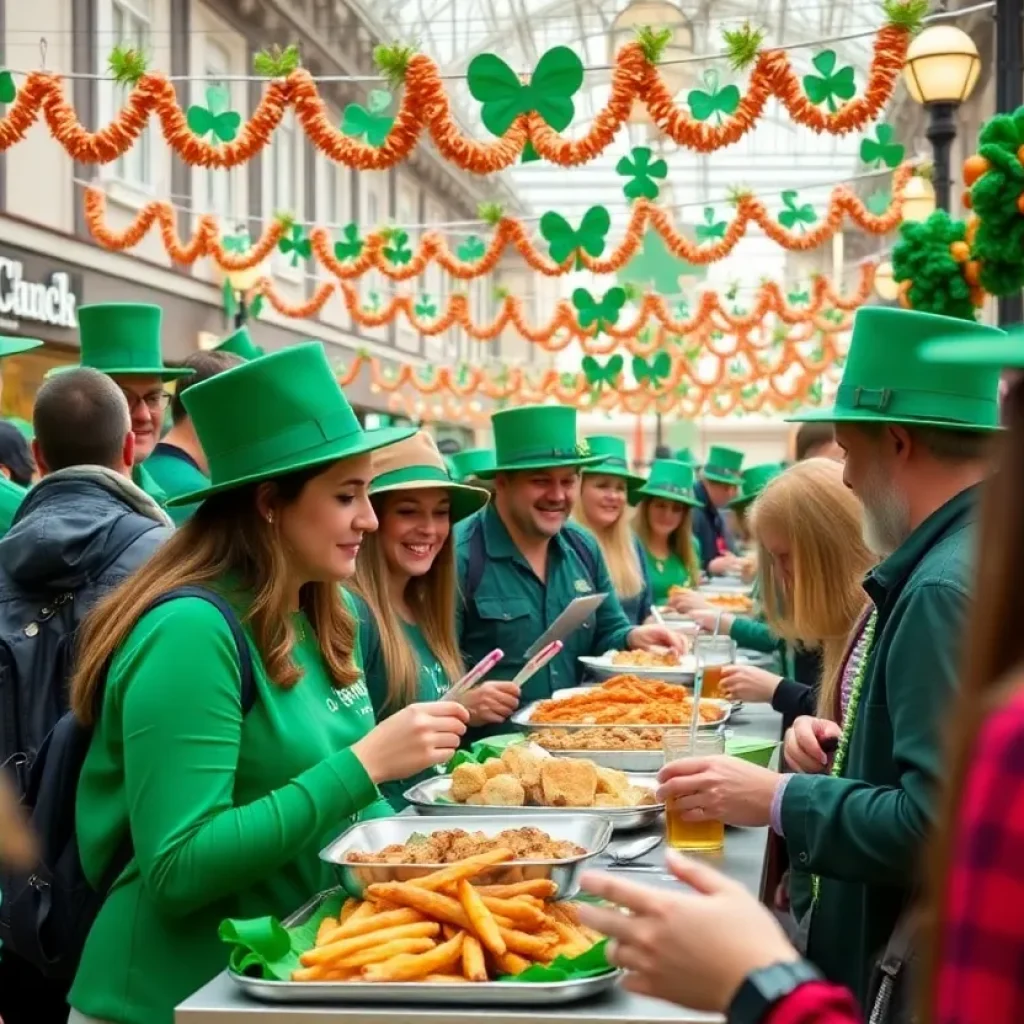 A lively St. Patrick's Day celebration with people wearing green and enjoying festive activities.