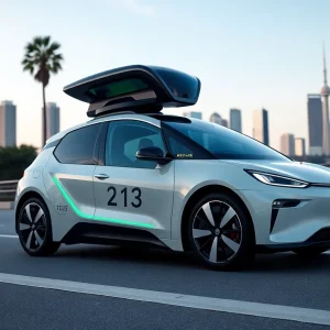 Illustration of a Tesla vehicle in a city setting showcasing ride-hailing service.