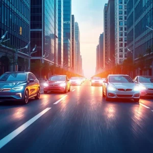 Illustration of futuristic electric vehicles on urban roads
