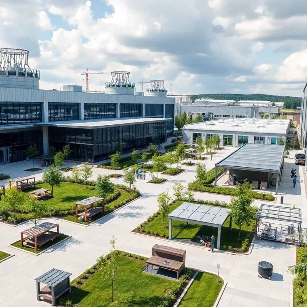Modern industrial park with new buildings and landscaping