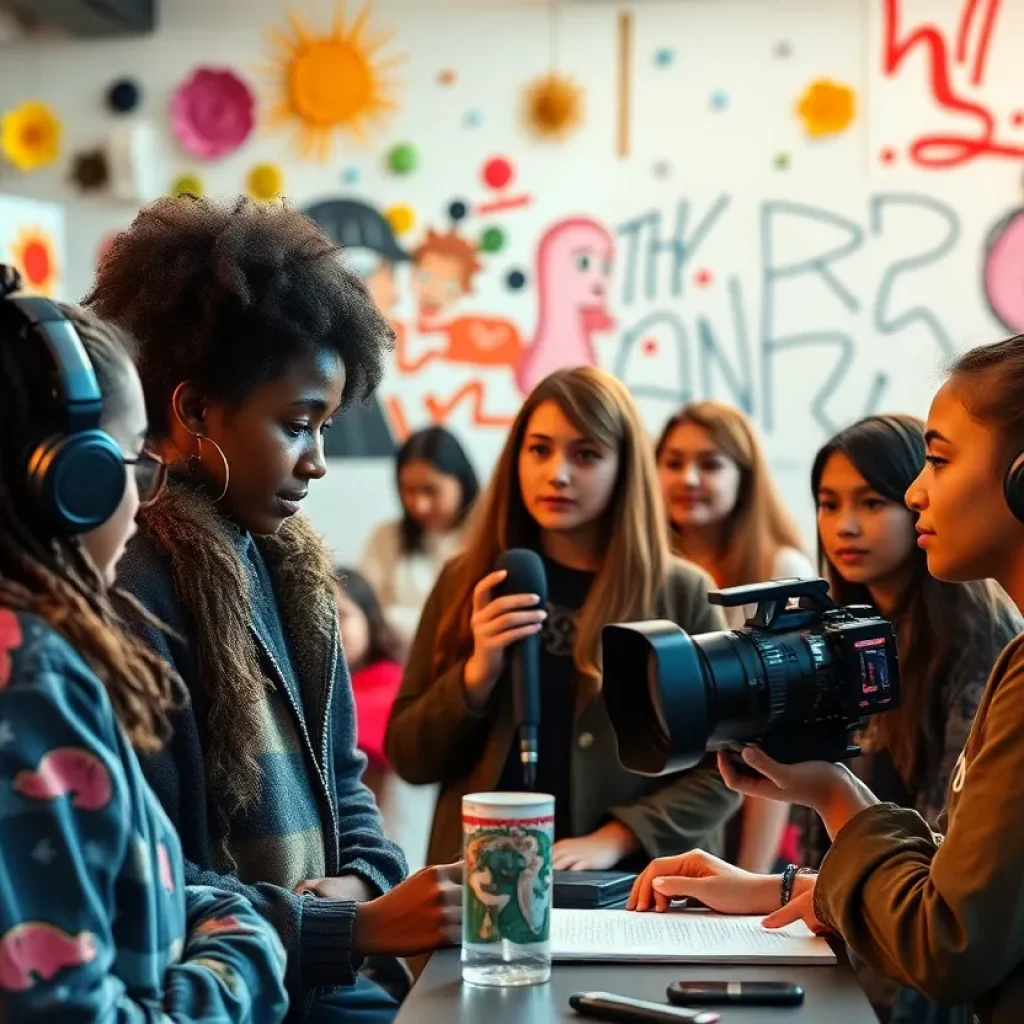 Young artists presenting their work in a film and TV competition
