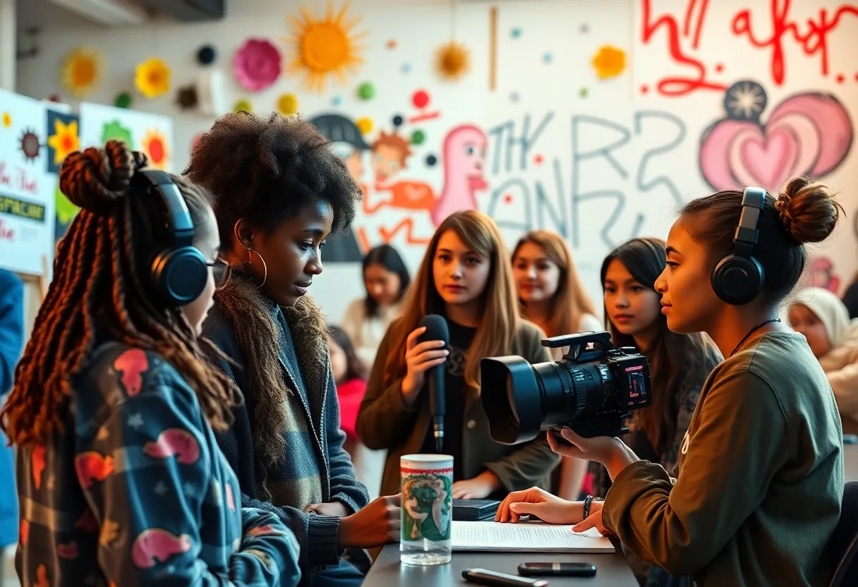 Young artists presenting their work in a film and TV competition
