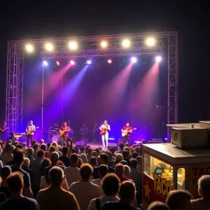 Concert scene featuring bands performing at Saddleback College, with a taco truck in the background.