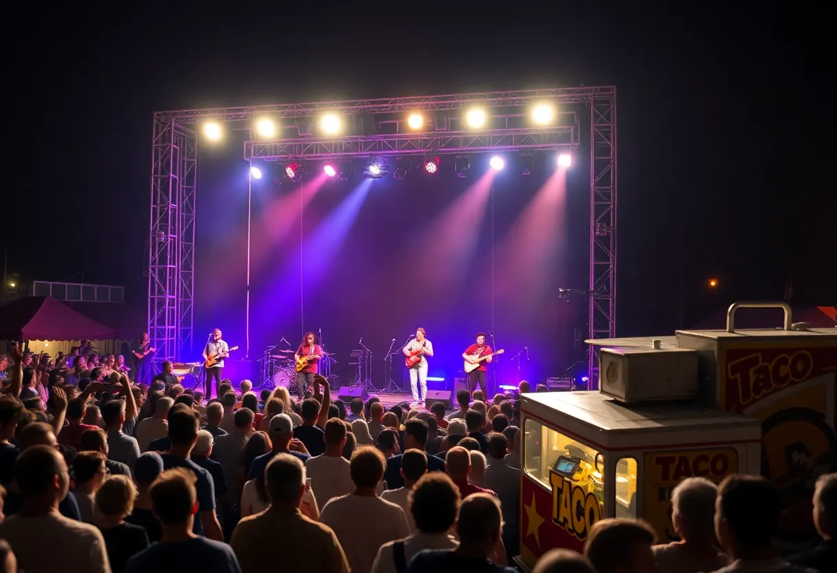 Concert scene featuring bands performing at Saddleback College, with a taco truck in the background.