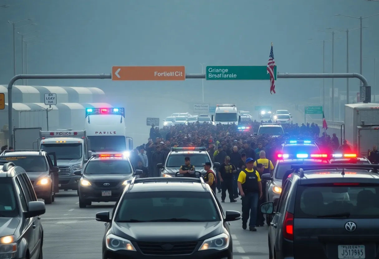 Law enforcement at a border crossing during a tense situation