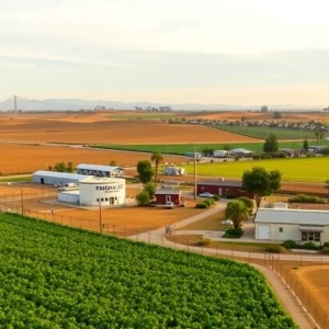 California agricultural fields with a clear sky and vibrant crops.