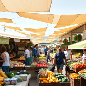 Vibrant California marketplace with various agricultural products.
