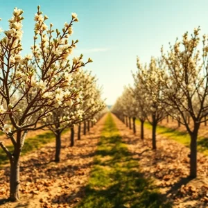Almond farm in California showing blooming trees and blue skies.