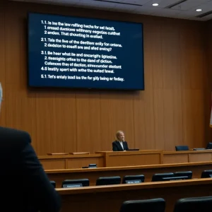 A digital courtroom scene illustrating the challenges faced in the California Bar Exam