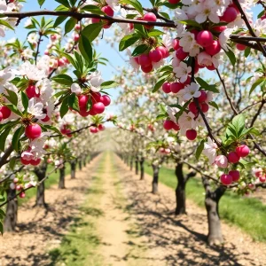 Cherry blossoms and ripening cherries in a California orchard
