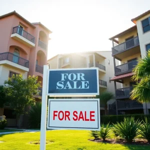 Collage of California condominiums with for sale signs.
