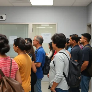 People waiting in line at a California DMV office for Real ID applications.