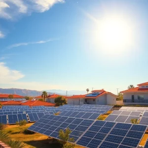 A sunny California landscape with solar panels and energy-efficient buildings