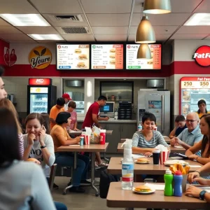Patrons and staff in a California fast food restaurant reflecting the changes due to the new wage law.