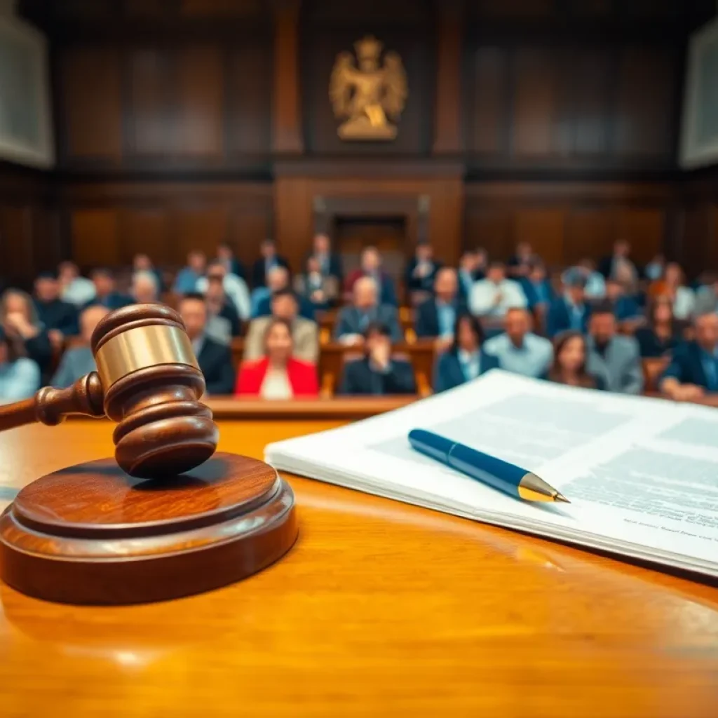 Courtroom scene representing unemployment fraud case