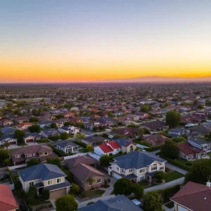 Aerial view of diverse California neighborhoods showcasing homes and rooftops during sunset.