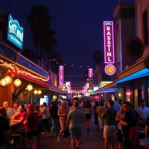Vibrant nightlife scene in California with bustling bars and restaurants.