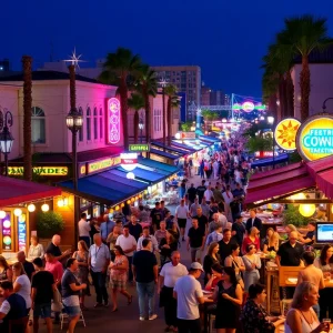 People enjoying nightlife in California with colorful lights