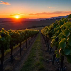 Sunset over California vineyards with grapevines in the foreground.