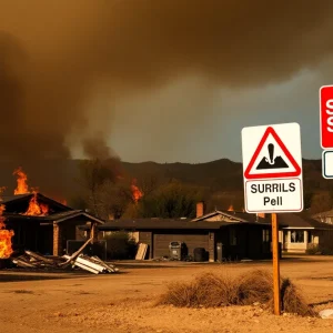 A visual representation of the aftermath of California wildfires affecting homes and community, symbolizing the insurance struggle.