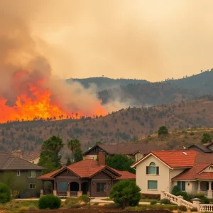Landscape of a wildfire-affected area in California with homes