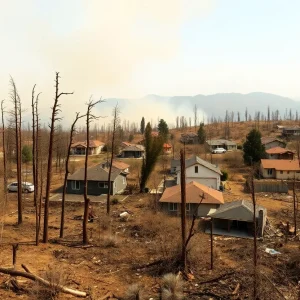 Landscape showing aftermath of California wildfires with burned trees and damaged homes