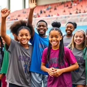 Young athletes celebrating together, representing inclusivity in sports.
