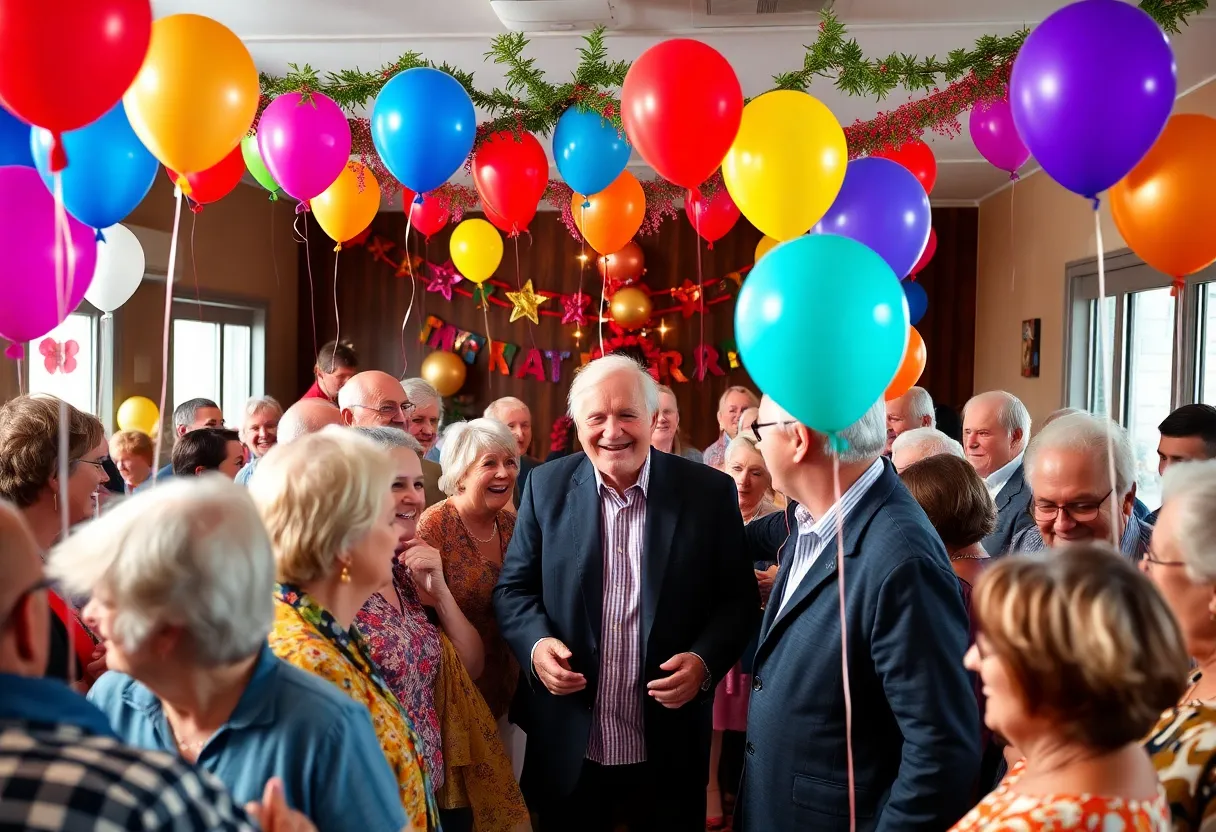 A crowd celebrating at a retirement event.