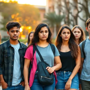 Group of international students expressing concern and uncertainty on campus
