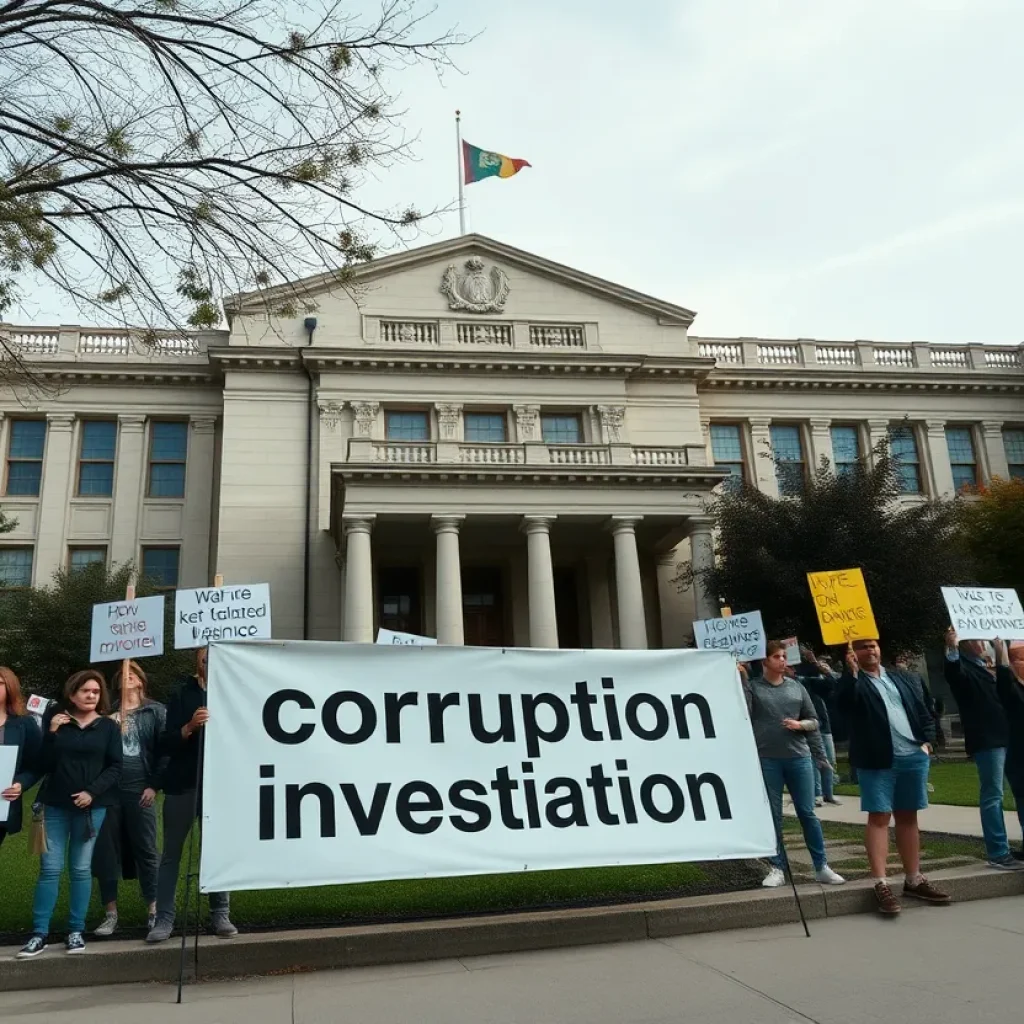 Government building with a sign regarding corruption investigation