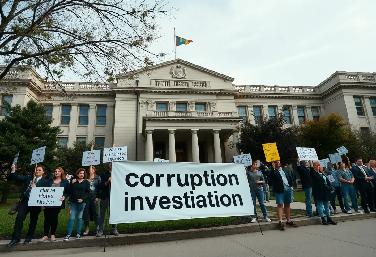 Government building with a sign regarding corruption investigation