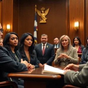 Courtroom scene with attorneys discussing a significant legal case