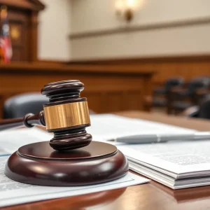 Legal proceedings in a courtroom with a focus on justice.