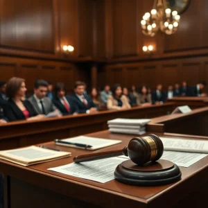 A tense courtroom environment during a high-profile trial.