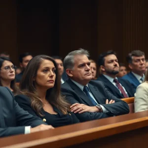 A tense courtroom with jurors and attorneys present during a trial.