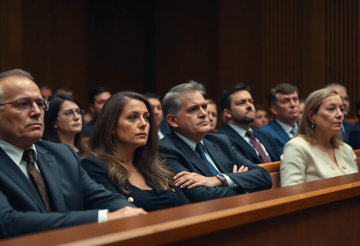 A tense courtroom with jurors and attorneys present during a trial.