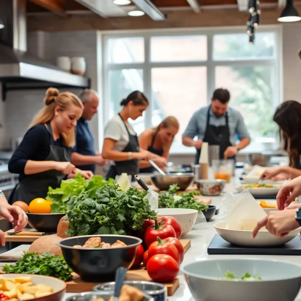 Participants enjoying a cooking class at Market by the Meat Cellar