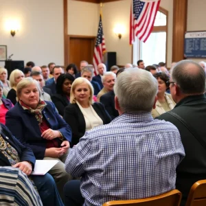 Crowd gathered at a town hall meeting in Del Mar discussing VA job cuts and veterans' healthcare.