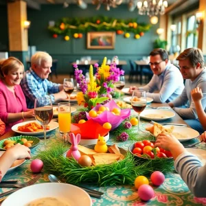 A beautifully arranged Easter brunch table with various dishes and decorations.